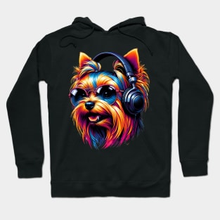 Silky Terrier Smiling DJ with Headphones and Sunglasses Hoodie